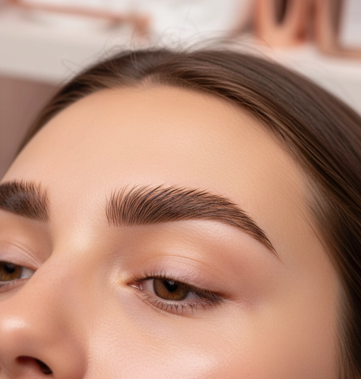 Close-up of natural, softly defined eyebrows after a professional brow treatment at Barbie Beauty Care